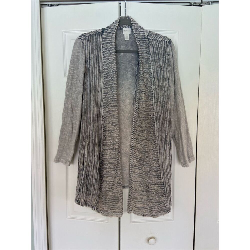 Chico's Women's Gray Open Front Ruffle Cardigan Sweater Size 1